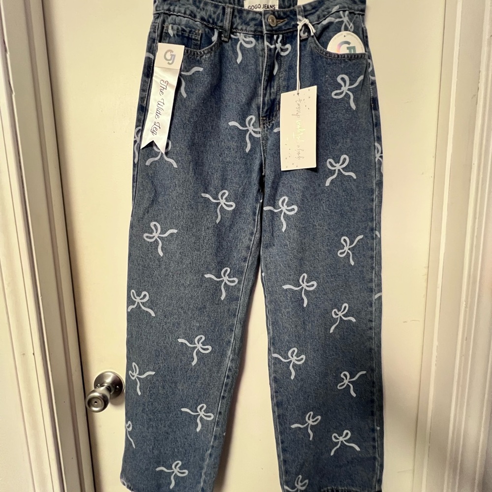 GOGO Blue Straight Leg Pants with White Bow Print - Picture 2 of 10